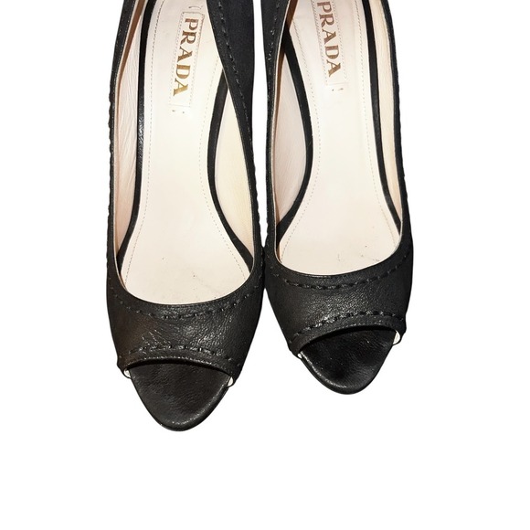Prada Peep Toe Heel Platform BlackLeather Sz 39.5 (8) with box elegant - Picture 1 of 11